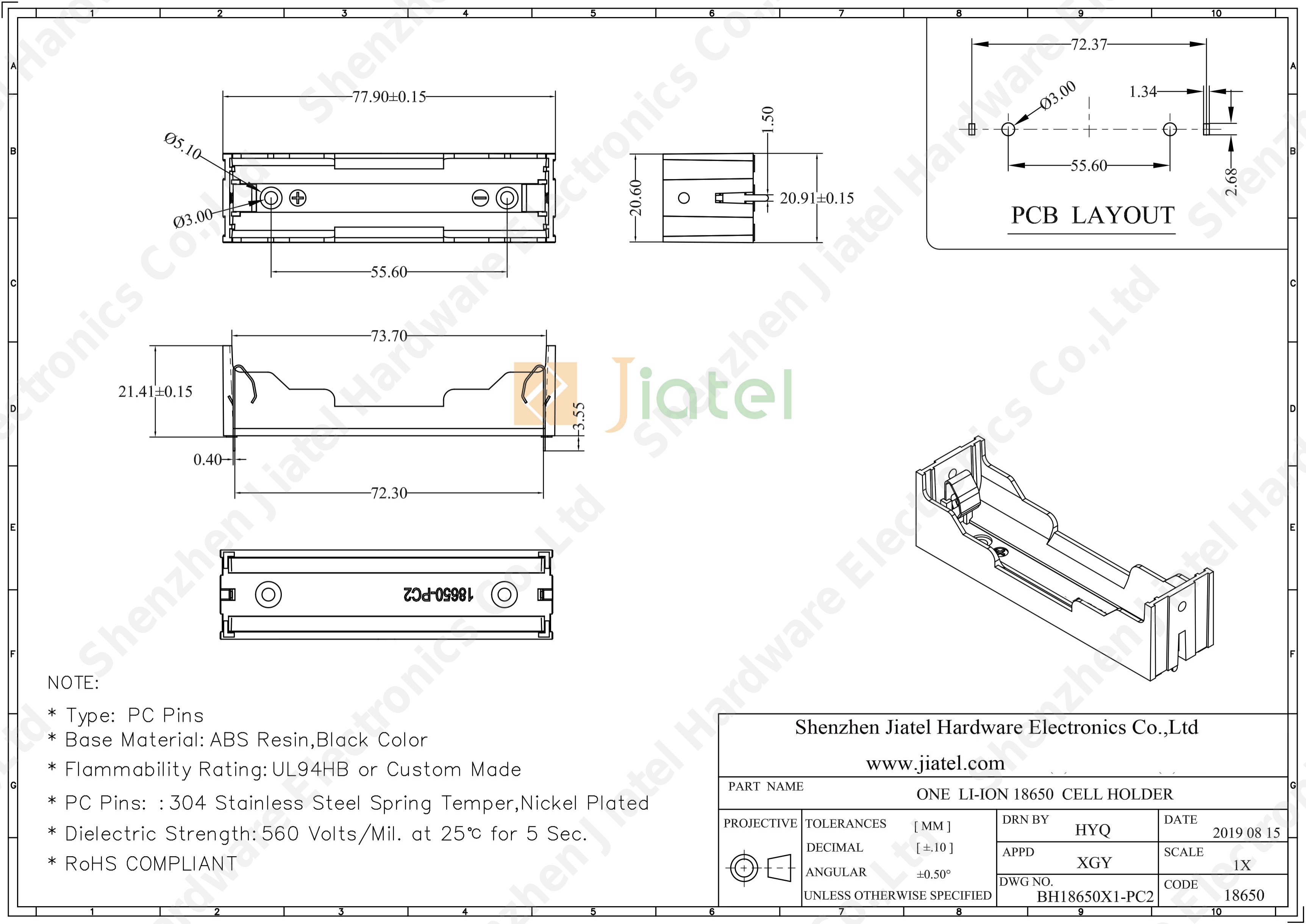 18650 Battery Holder Case,Through-hole Mount Single Slot — 2D footprint specs and mounting pad layout (technical drawing)