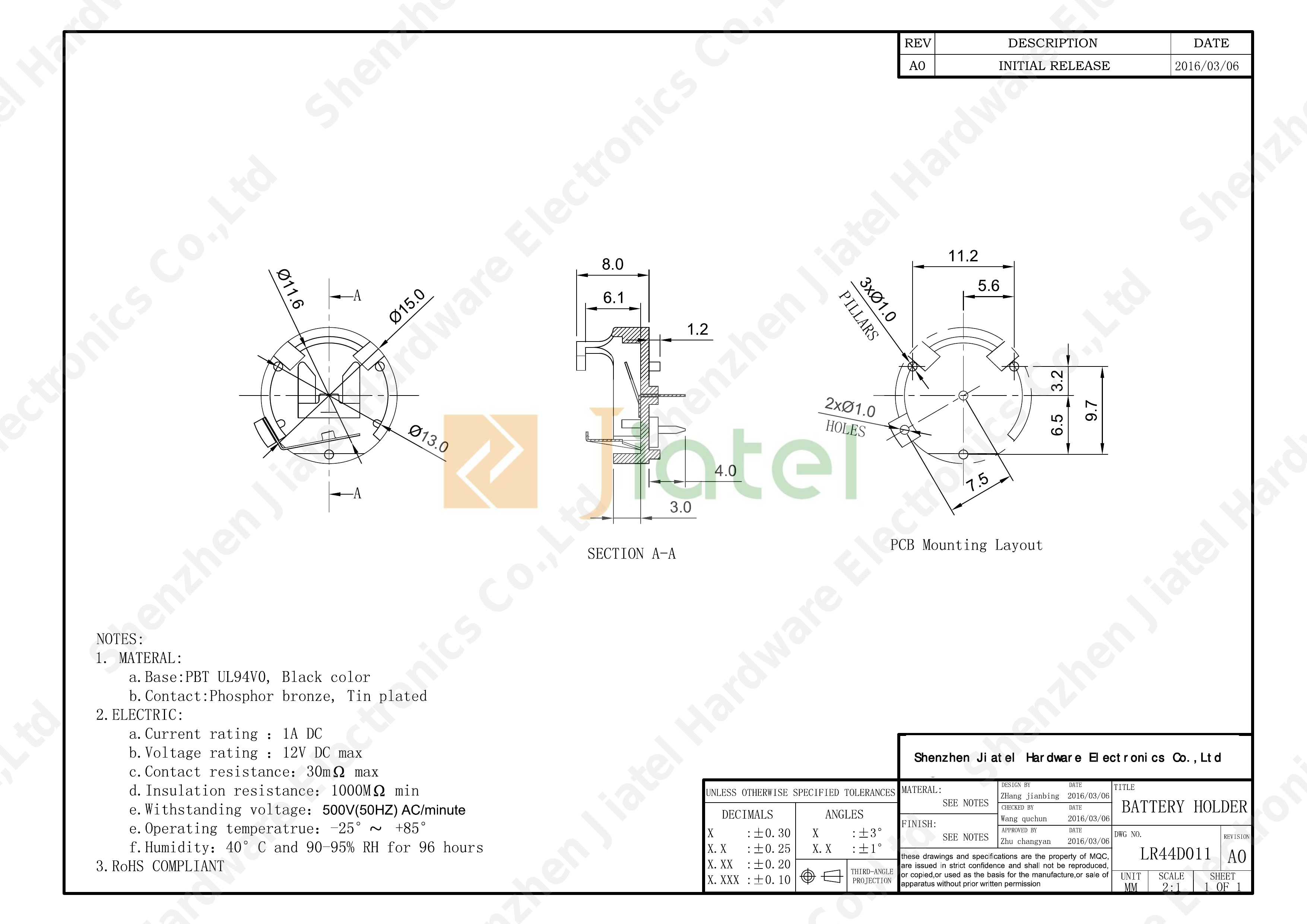 Through-hole mount LR44 Battery Holder — 2D footprint specs and mounting pad layout (technical drawing)