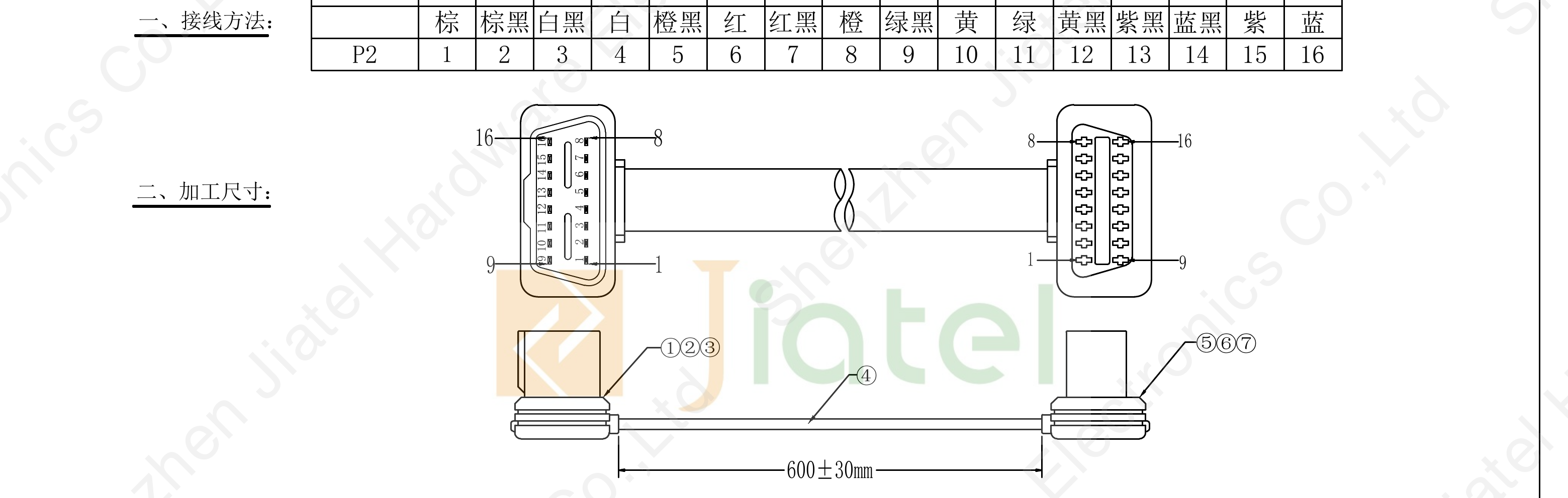 OBD2 16-pin J1962 extension cable pinout diagram and 2D dimension drawing - complete P1 to P2 pin assignment table, 16-core 28AWG flat cable, 600mm +/-30mm length